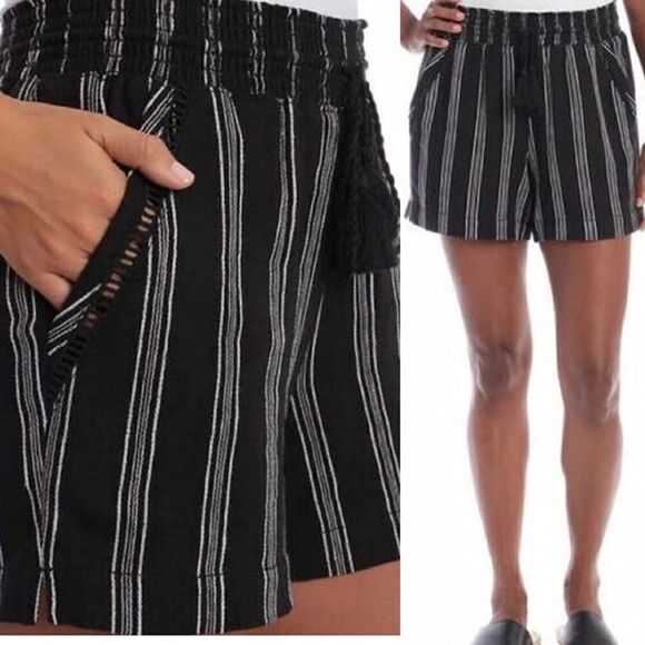 Briggs Linen Blend Pull-On Black stripe Shorts with Pockets Drawstring hi rise-L - Picture 1 of 11